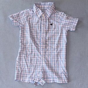 Plaid Short-Sleeve One-Piece Romper - Light Blue & Pink